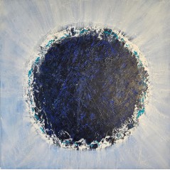 Peinture abstraite contemporaine Big Bang bleu foncé sur fond clair: acrylique sur toile 100x100cm