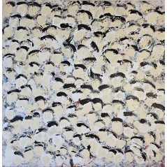 Peinture contemporaine, multitête, acrylique sur toile 100x100cm, foule en ivoire, blanc et noir.