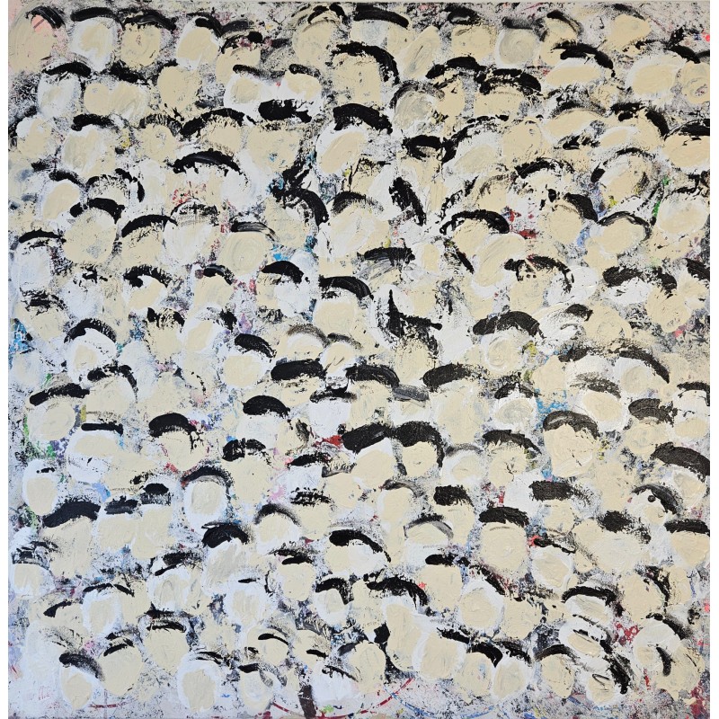 Peinture contemporaine, multitête, acrylique sur toile 100x100cm, foule en ivoire, blanc et noir. Peinture contemporaine, multitête, acrylique sur toile 100x100cm, foule en ivoire, blanc et noir.