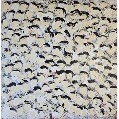 Peinture contemporaine, multitête, acrylique sur toile 100x100cm, foule en ivoire, blanc et noir.