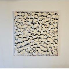 Peinture contemporaine, multitête, acrylique sur toile 100x100cm, foule en ivoire, blanc et noir.