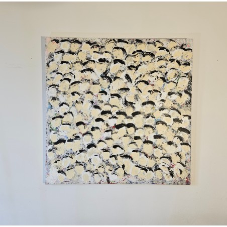 Peinture contemporaine, multitête, acrylique sur toile 100x100cm, foule en ivoire, blanc et noir.