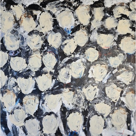 Peinture contemporaine, multitête de près acrylique sur toile 100x100cm, foule en ivoire et noir