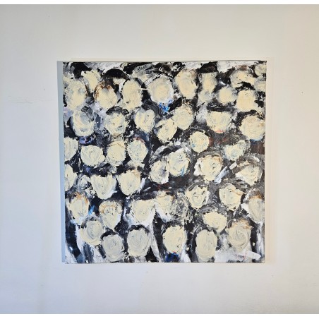 Peinture contemporaine, multitête de près acrylique sur toile 100x100cm, foule en ivoire et noir