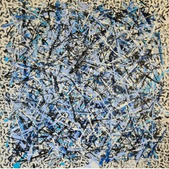 Peinture contemporaine, tableau moderne abstrait, acrylique sur toile 100x100cm, étude en bleu striéé