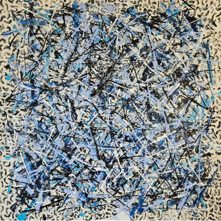 Peinture contemporaine, tableau moderne abstrait, acrylique sur toile 100x100cm, étude en bleu striéé