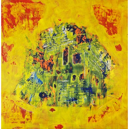Tableau contemporain abstrait, acrylique sur toile 100x100cm, maison au crépuscule