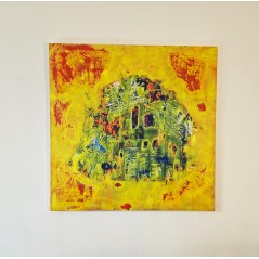 Tableau contemporain abstrait, acrylique sur toile 100x100cm, maison au crépuscule