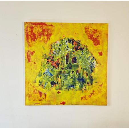 Tableau contemporain abstrait, acrylique sur toile 100x100cm, maison au crépuscule