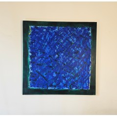 Tableau contemporain abstrait, acrylique sur toile 100x100cm, abstraction bleu et cadre vert