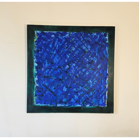 Tableau contemporain abstrait, acrylique sur toile 100x100cm, abstraction bleu et cadre vert