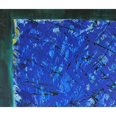 Tableau contemporain abstrait, acrylique sur toile 100x100cm, abstraction bleu et cadre vert
