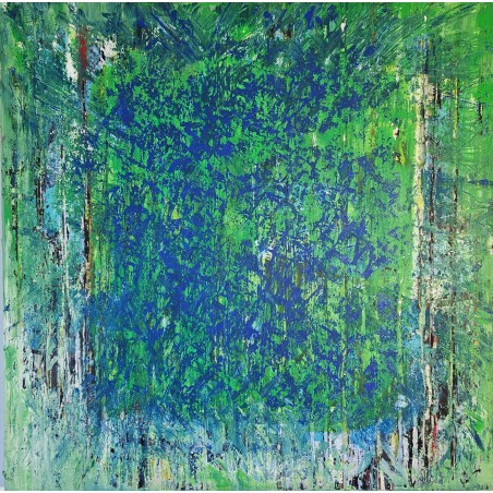 Peinture contemporaine, tableau moderne abstrait, acrylique sur toile 100x100cm, étude en vert et bleu