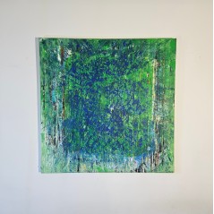 Peinture contemporaine, tableau moderne abstrait, acrylique sur toile 100x100cm, étude en vert et bleu