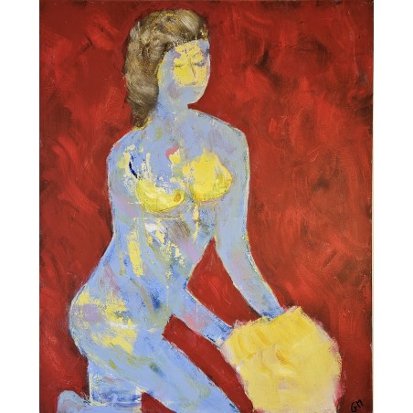 Femme qui s'habille en jaune peinture contemporaire acrylique sur toile 100x81cm  femme qui s'habille en jaune.