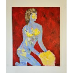 Femme qui s'habille en jaune peinture contemporaire acrylique sur toile 100x81cm  femme qui s'habille en jaune.
