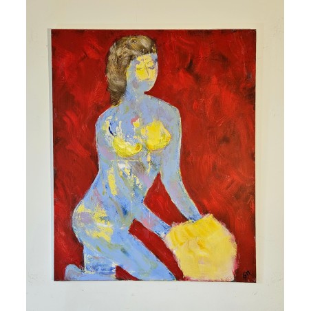 Femme qui s'habille en jaune peinture contemporaire acrylique sur toile 100x81cm  femme qui s'habille en jaune.