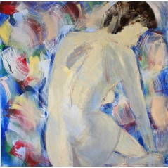 Peinture contemporaine, tableau moderne de nu figuratif, acrylique sur toile 100x100cm intitulée: femme assise de dos