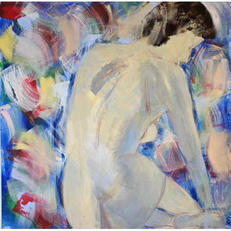 Peinture contemporaine, tableau moderne de nu figuratif, acrylique sur toile 100x100cm intitulée: femme assise de dos