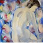 Peinture contemporaine, tableau moderne de nu figuratif, acrylique sur toile 100x100cm intitulée: femme assise de dos