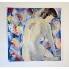 Peinture contemporaine, tableau moderne de nu figuratif, acrylique sur toile 100x100cm intitulée: femme assise de dos