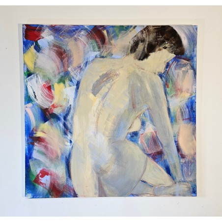 Peinture contemporaine, tableau moderne de nu figuratif, acrylique sur toile 100x100cm intitulée: femme assise de dos