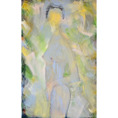 Tableau moderne de nu femme en bleu et vert  acrylique sur toile 100x65cm