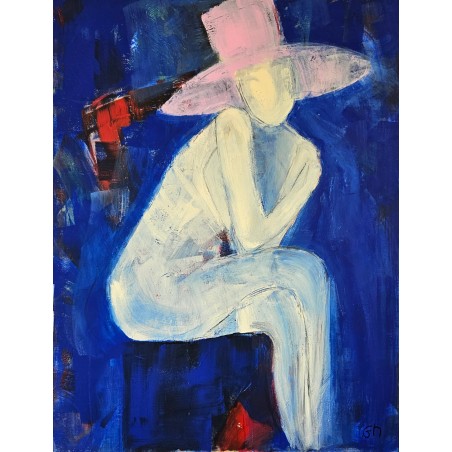 Femme au chapeau rose peinture contemporaine de nu figuratif, acrylique sur toile 116x89cm