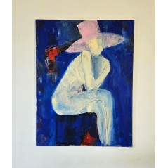 Femme au chapeau rose peinture contemporaine de nu figuratif, acrylique sur toile 116x89cm