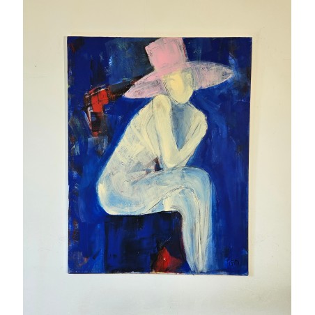 Femme au chapeau rose peinture contemporaine de nu figuratif, acrylique sur toile 116x89cm