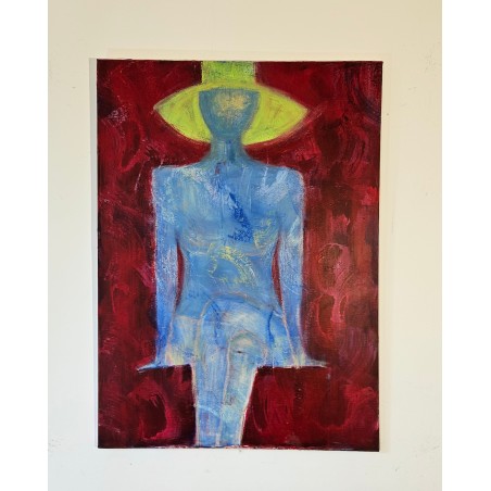 Femme au chapeau jaune peinture de nu, acrylique sur toile 100x73cm
