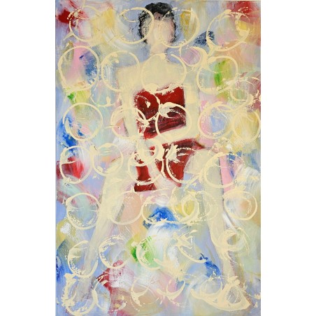 Femme assise robe rouge peinture contemporaine, de nu figuratif, acrylique sur toile 100x65cm