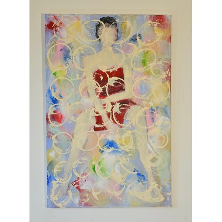 Femme assise robe rouge peinture contemporaine, de nu figuratif, acrylique sur toile 100x65cm