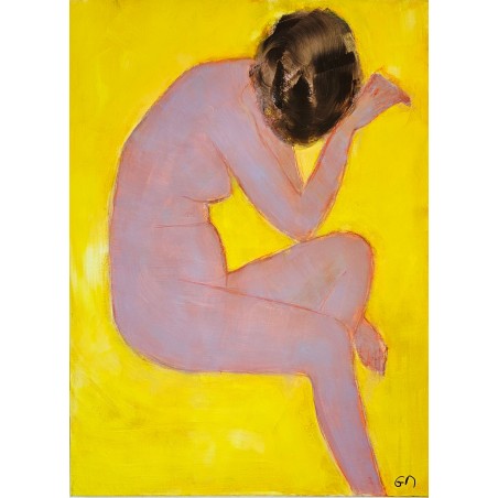 Peinture contemporaine de nu, femme sur fond jaune, acrylique sur toile 100x82cm