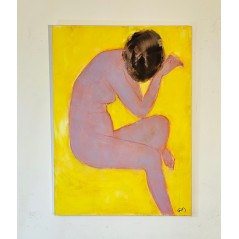Peinture contemporaine de nu, femme sur fond jaune, acrylique sur toile 100x73cm