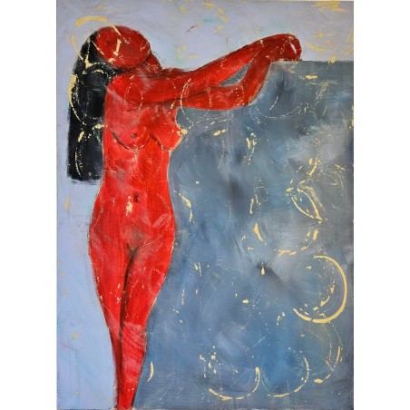 Peinture contemporaine, tableau moderne figuratif de nu, acrylique sur toile 100x73cm femme rouge appuyée