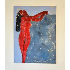Peinture contemporaine, tableau moderne figuratif de nu, acrylique sur toile 100x73cm femme rouge appuyée