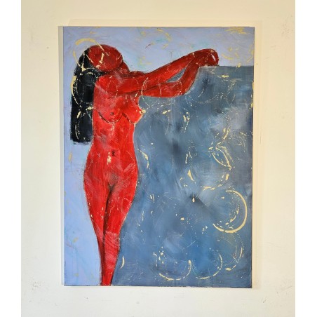 Peinture contemporaine, tableau moderne figuratif de nu, acrylique sur toile 100x73cm femme rouge appuyée