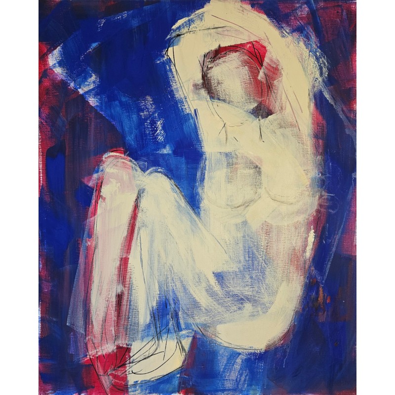 Femme nue abstraite assise peinture acrylique sur toile 100x81cm