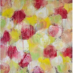 Fleur rouge, verte, jaune peinture acrylique sur toile 100x100cm