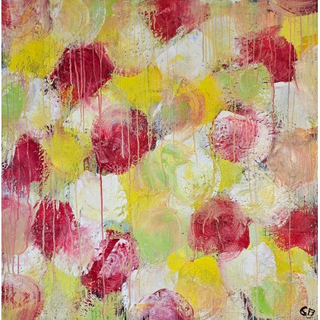 Fleur rouge, verte, jaune peinture acrylique sur toile 100x100cm
