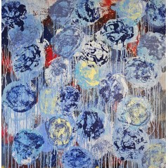 Fleur bleu rouge et jaune peinture acrylique sur toile 100x100cm