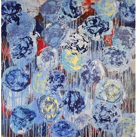 Fleur bleu rouge et jaune peinture acrylique sur toile 100x100cm