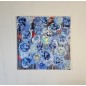 Peinture contemporaine, tableau moderne figuratif, acrylique sur toile 100x100cm intitulée: fleurs bleues et jaunes.
