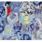 Peinture contemporaine, tableau moderne figuratif, acrylique sur toile 100x100cm intitulée: fleurs bleues et jaunes.