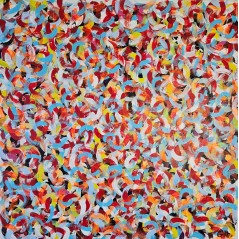 Tableau contemporain, peinture moderne figurative, acrylique sur toile 100x100cm intitulée: petite friture rouge.