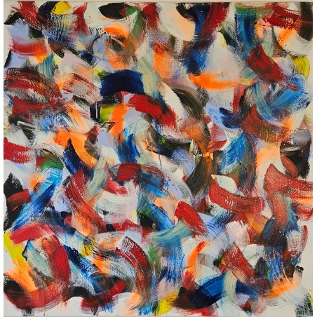 Tableau contemporain, peinture moderne figurative, acrylique sur toile 100x100cm intitulée: grosse friture rouge et bleu.