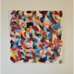 Tableau contemporain, peinture moderne figurative, acrylique sur toile 100x100cm intitulée: grosse friture rouge et bleu.