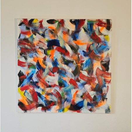 Tableau contemporain, peinture moderne figurative, acrylique sur toile 100x100cm intitulée: grosse friture rouge et bleu.