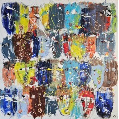 Peinture contemporaine, tableau moderne figuratif, acrylique sur toile 100x100cm intitulée: foule de couleur 1.